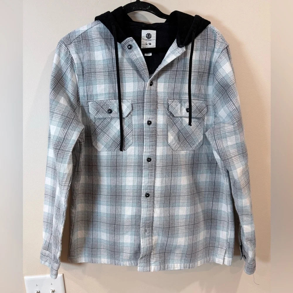 🔥Element Men's Plaid Hooded Shirt Jacket - Light Blue & Gray Size L🔥